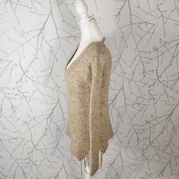 BKE Heathered Beige 25% Wool Deep V-Neck Fringe Sweater - Picture 2 of 6